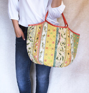EDWIDGE Sommerbeutel aus Baumwolle und Jacquard mit Lederdetails - IPA-NIMA