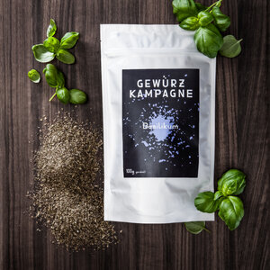Bio Basilikum 100g, gerebelt in Aromaverpackung - Gewürzkampagne